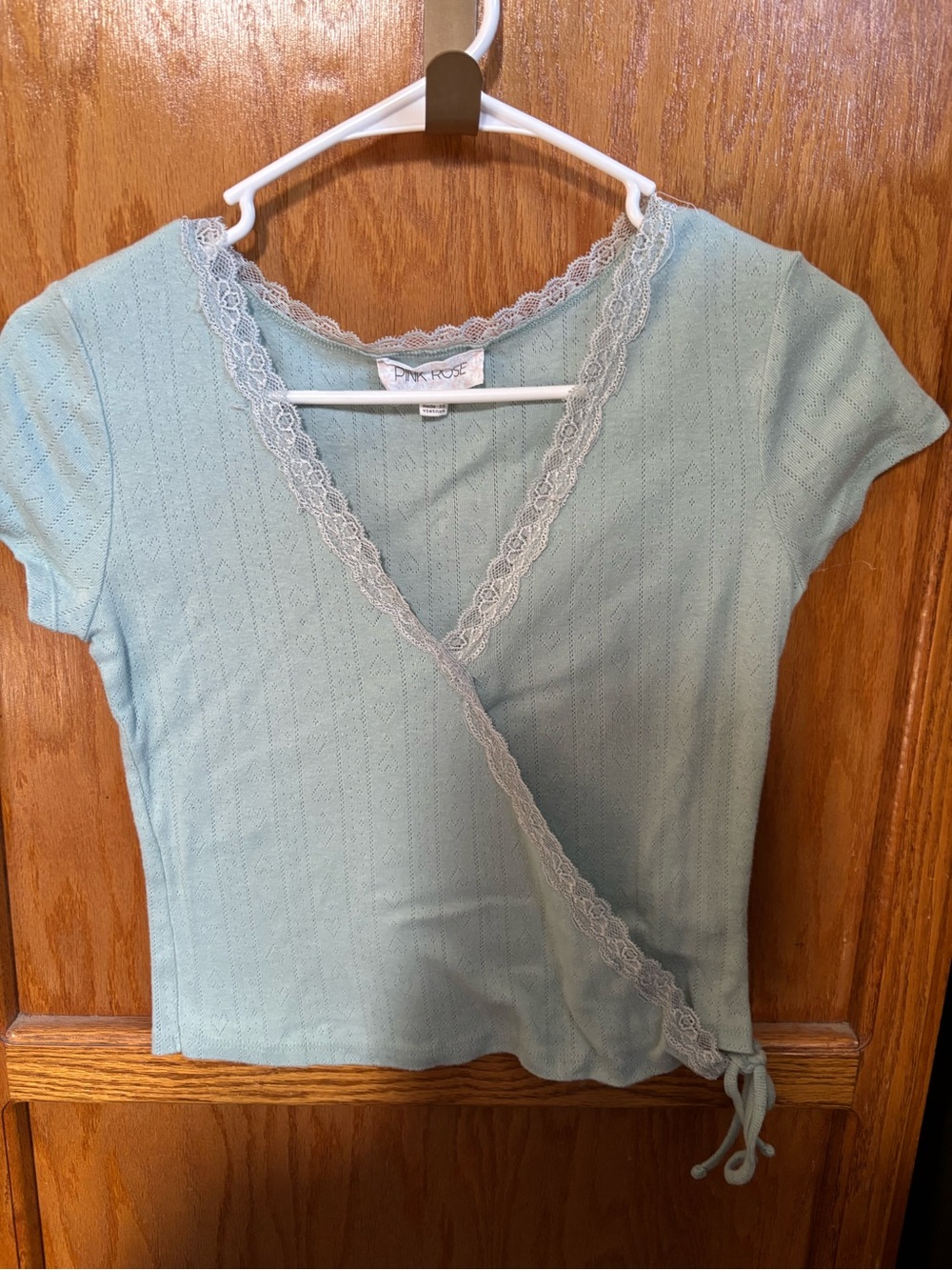 Pink Rose Pale Blue Lace-Trim Wrap Crop Top
